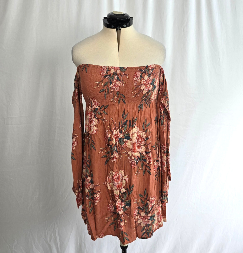 Billabong Night Fox Off Shoulder Dress L Rust Floral Long Sleeves
